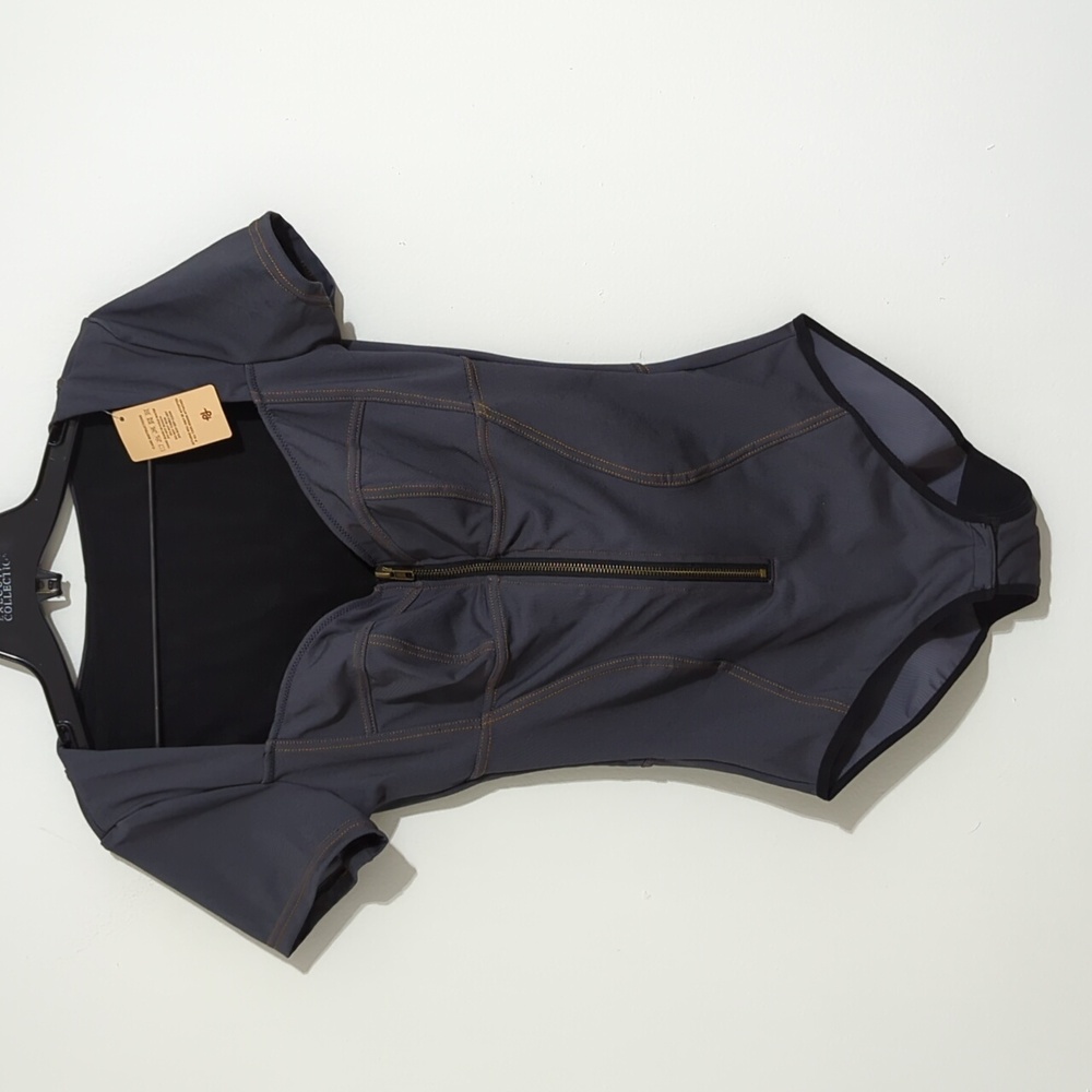 Women's Short Sleeve Zip-Front Bodysuit - Charcoal